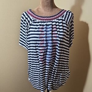 CJ Banks Navy and White Striped Short Sleeve Top with Red Embroidered Accents